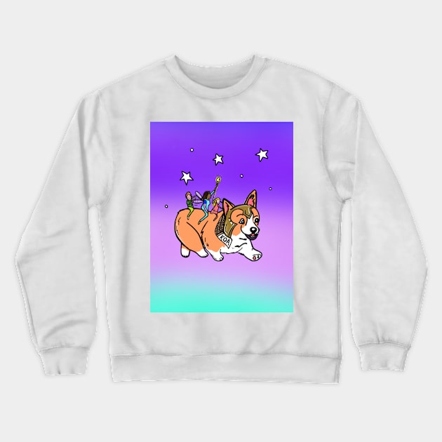 Magical Corgi running with fairies on his back Crewneck Sweatshirt by HappyPawtraits